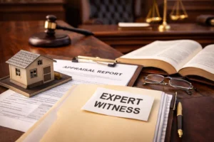 Expert witness appraisal documents with gavel, legal files, and real estate valuation report