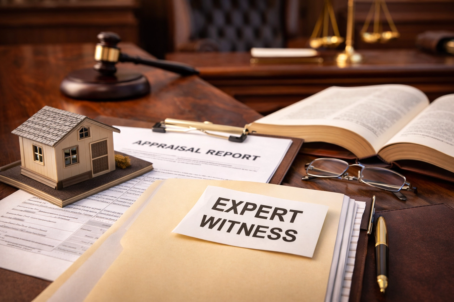 Expert witness appraisal documents with gavel, legal files, and real estate valuation report