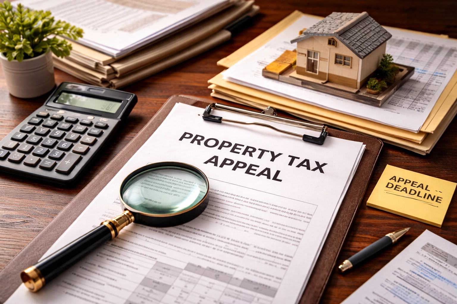 Property tax appeal documents with calculator and real estate valuation paperwork