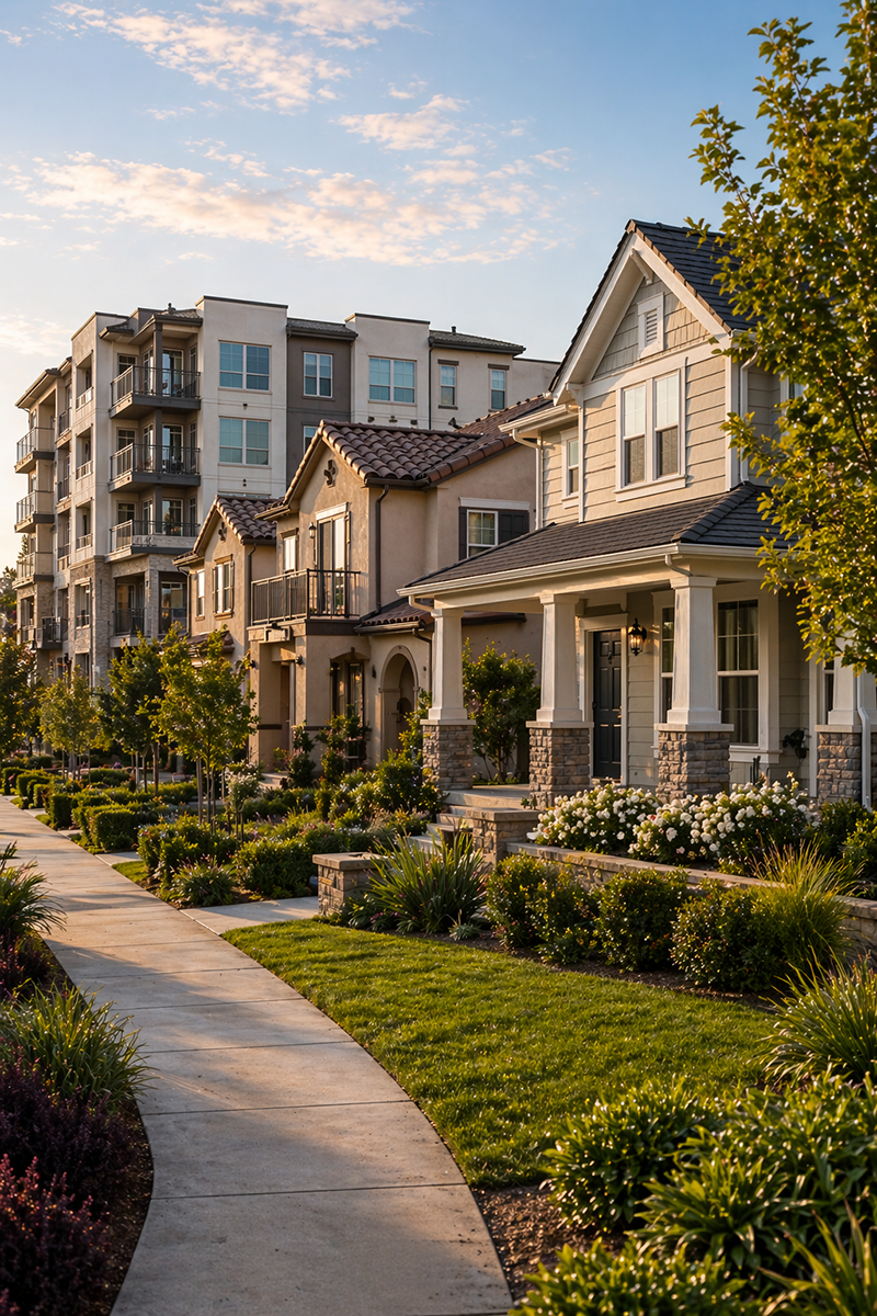 Different types of residential properties in a Southern California neighborhood including single family homes, townhomes, and multi unit housing for appraisal