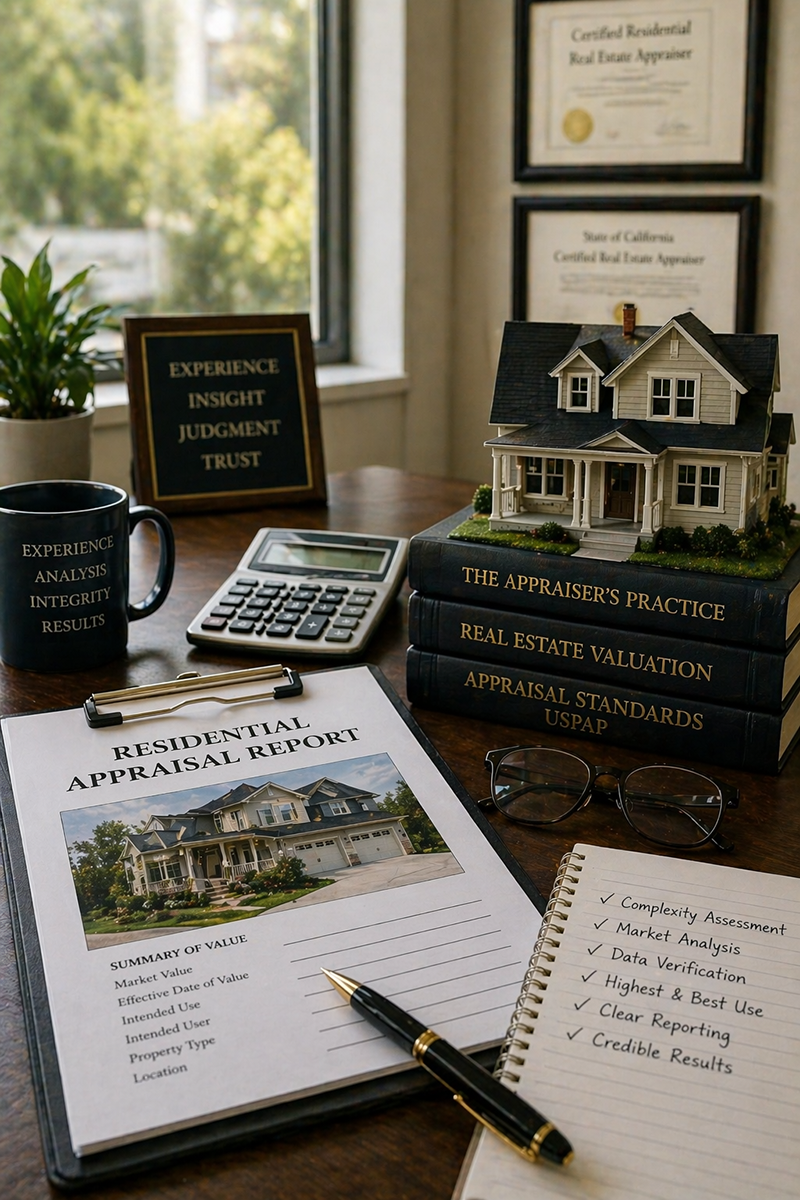 Residential property appraisal report with analysis tools and documents showing experience and valuation process