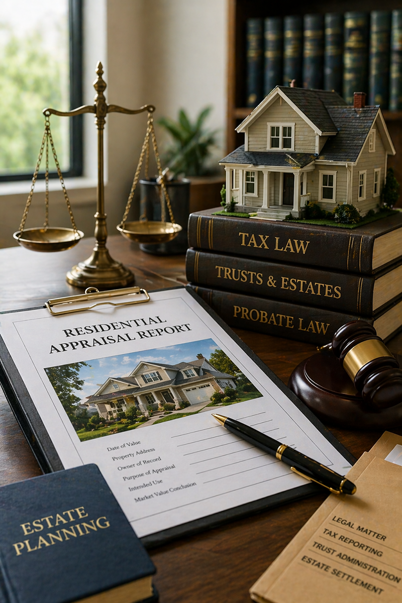 Residential property appraisal report with legal and estate planning context including tax and fiduciary matters