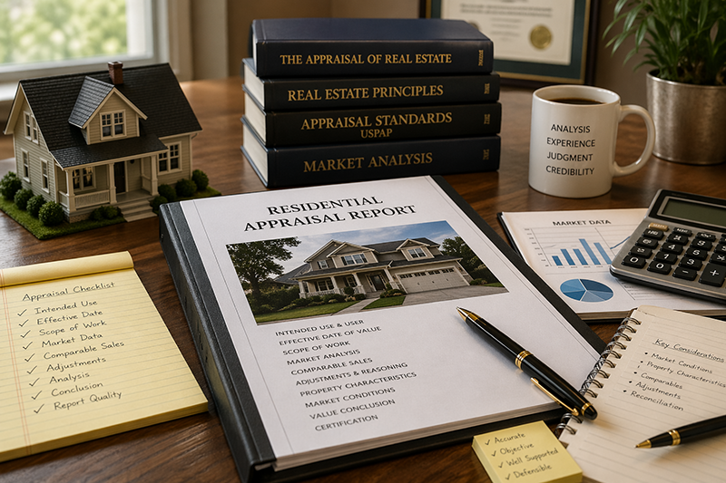 Residential appraisal report with checklist, market analysis, and valuation details showing credibility and reporting standards
