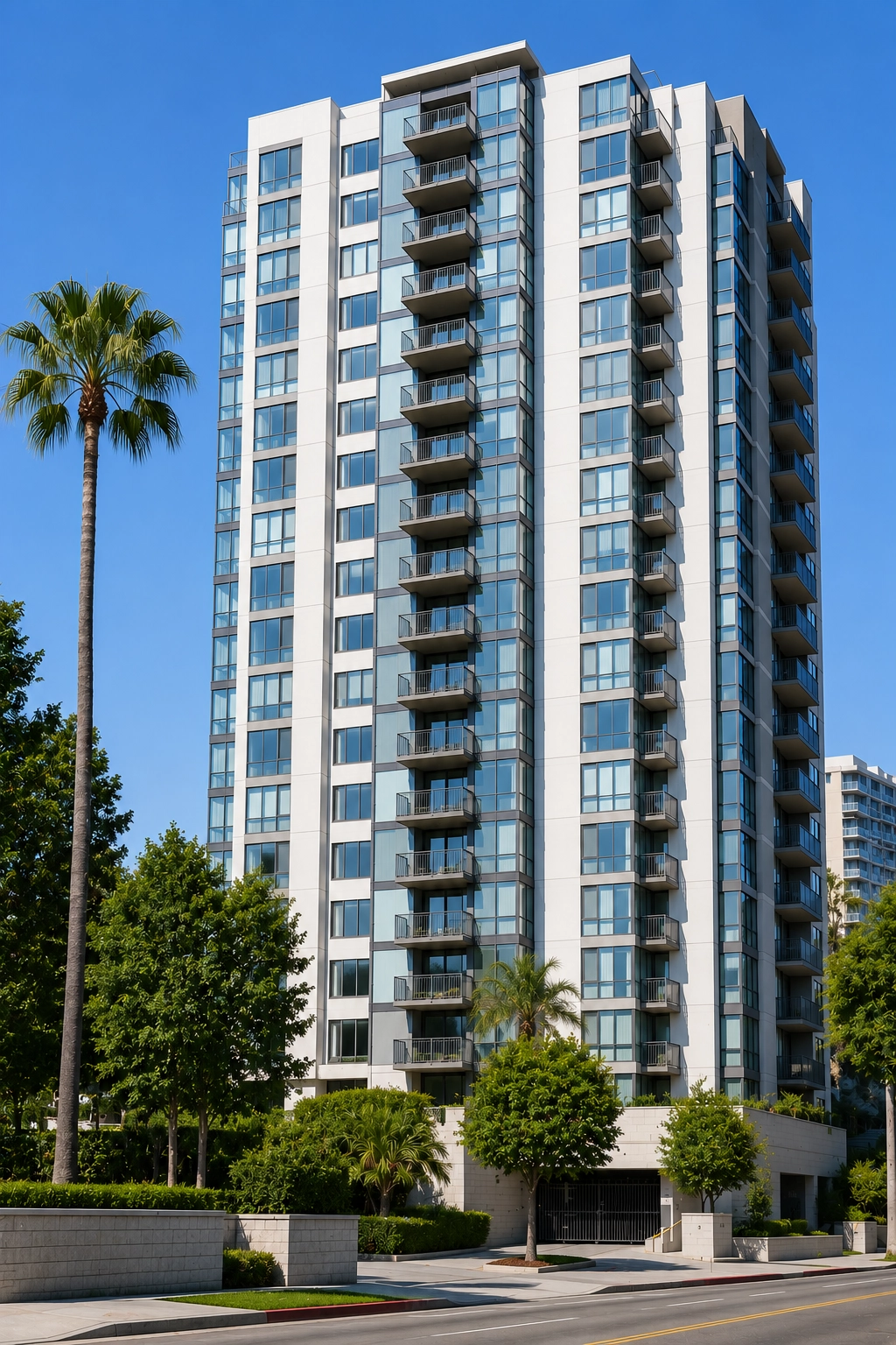 Modern high-rise apartment building in California used for rent-controlled property appraisal analysis