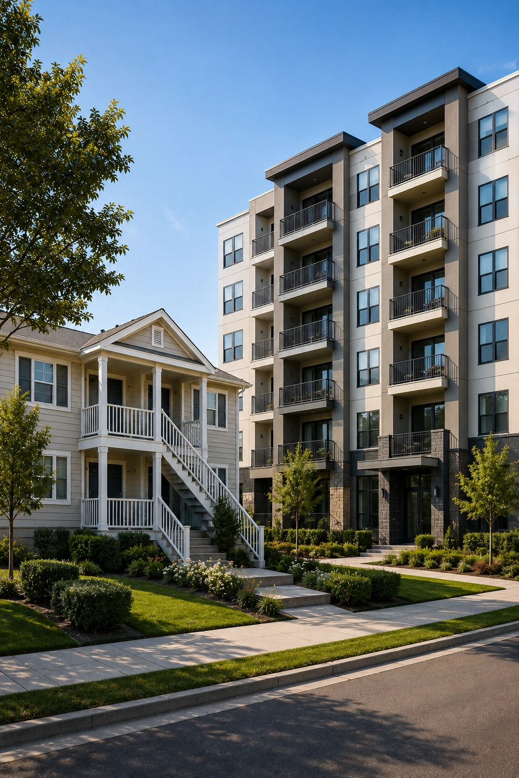 Comparison between small residential income property and larger apartment building used for California real estate appraisal analysis