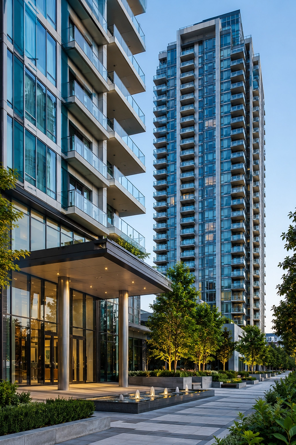 Modern high-rise apartment and multifamily residential towers in Southern California