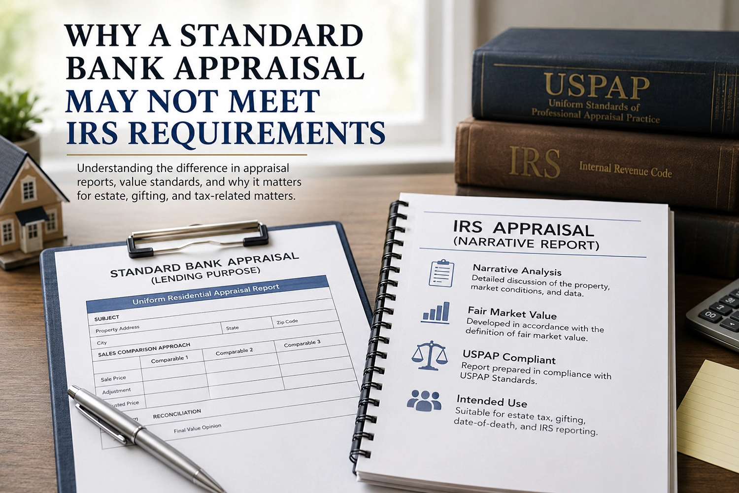 Comparison between a standard bank appraisal and an IRS narrative appraisal report used for estate and tax-related valuation purposes in California.