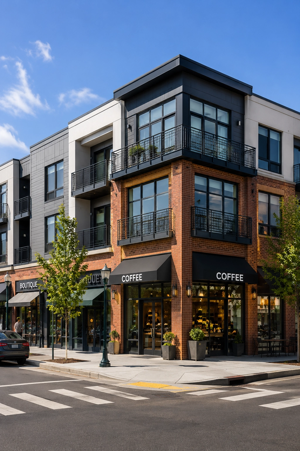 Modern mixed-use commercial and residential property with retail storefronts and upper-level apartments in Southern California