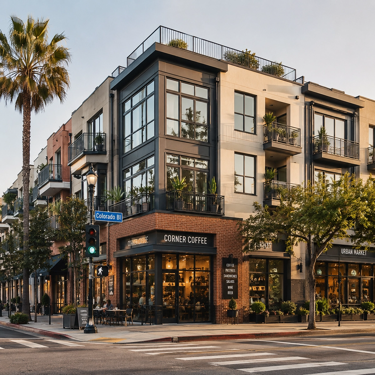 Modern mixed-use commercial and residential property in California with retail storefronts and upper-level residential units