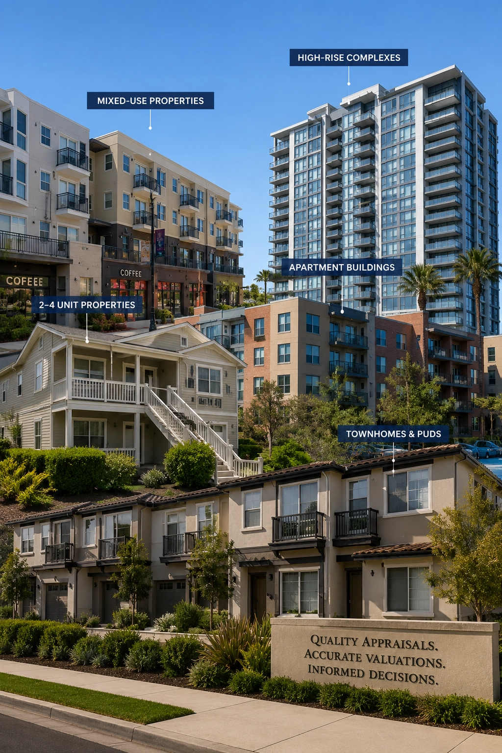 Multi-family residential property types including apartment buildings, townhomes, mixed-use properties, high-rise complexes, and 2–4 unit properties in California