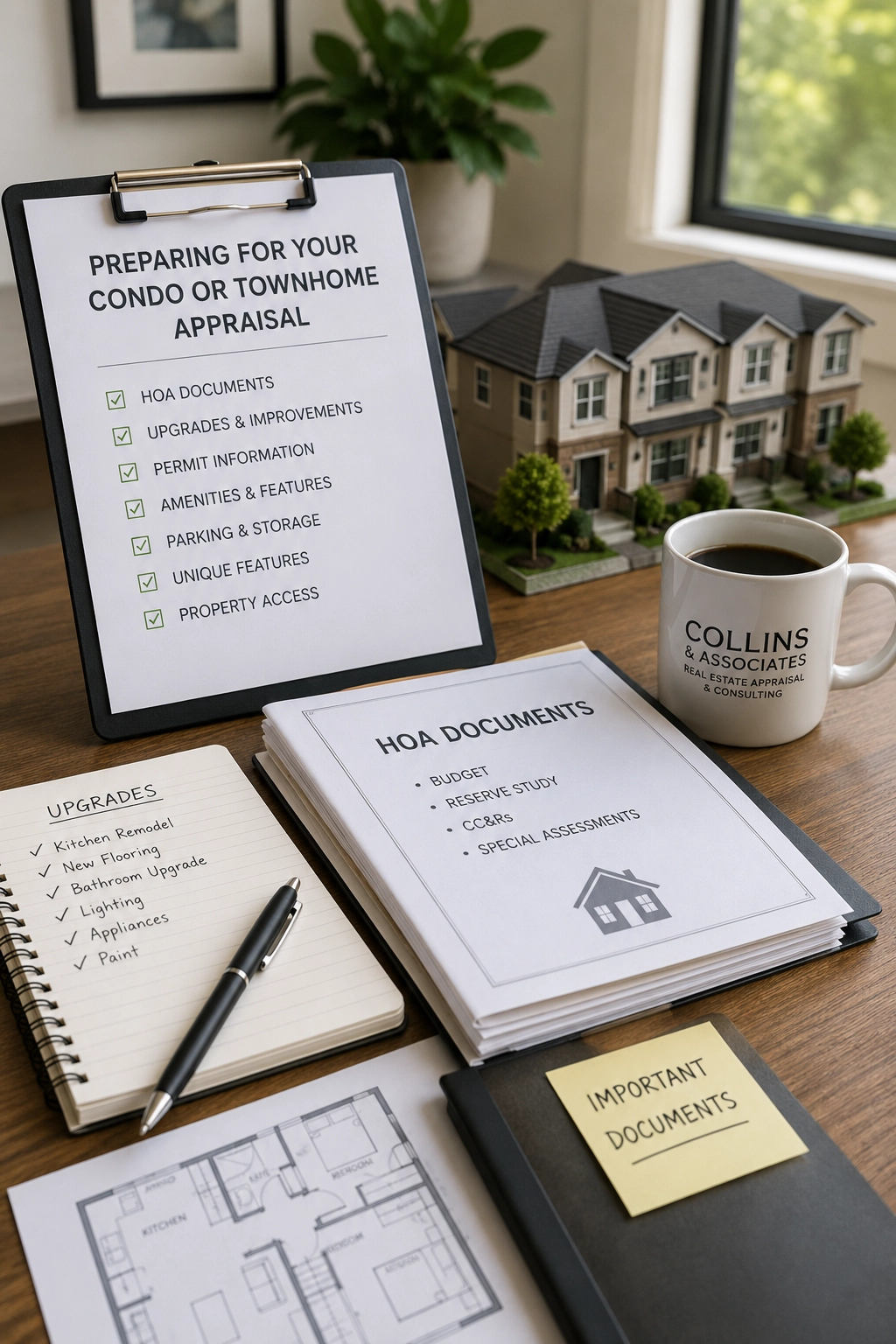 Documents and HOA paperwork prepared for a condo or townhome appraisal in California