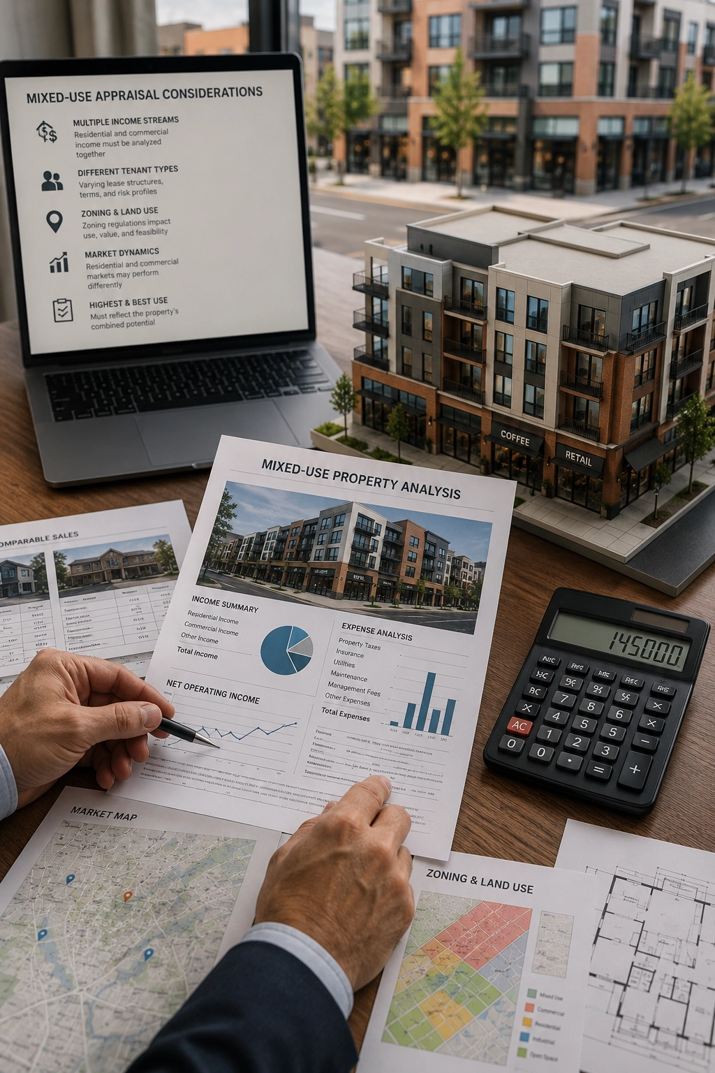 Real estate professionals analyzing mixed-use commercial and residential property valuation data and financial reports