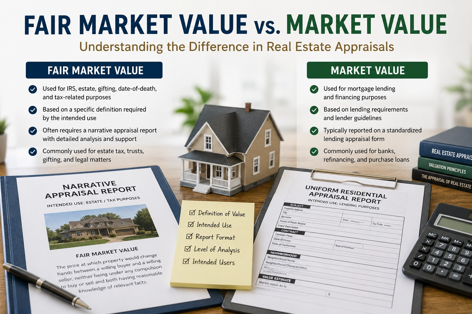Fair Market Value vs Market Value comparison for real estate appraisal reports used in IRS, estate, gifting, and lending assignments.