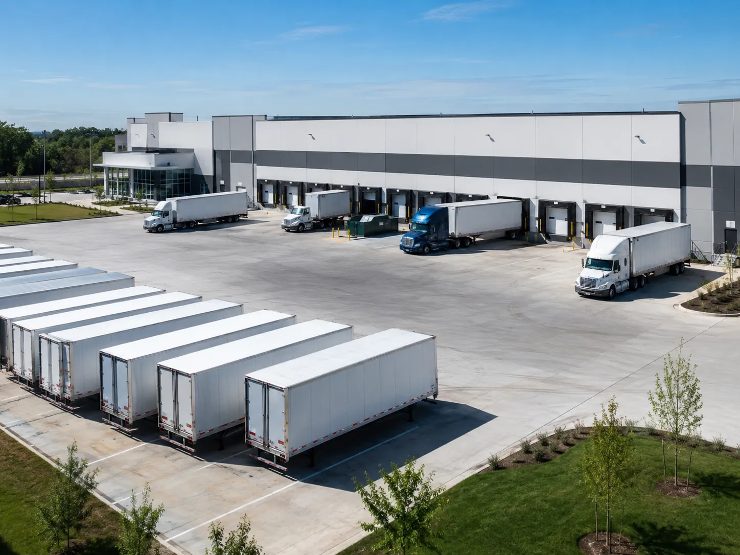 Modern truck terminal with loading docks, semi-trucks, and trailer parking in California