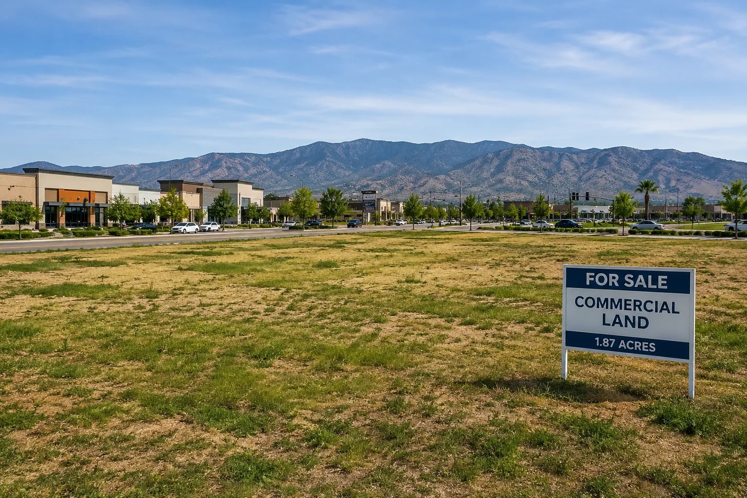 Commercial land parcel in California with sale sign and surrounding commercial development