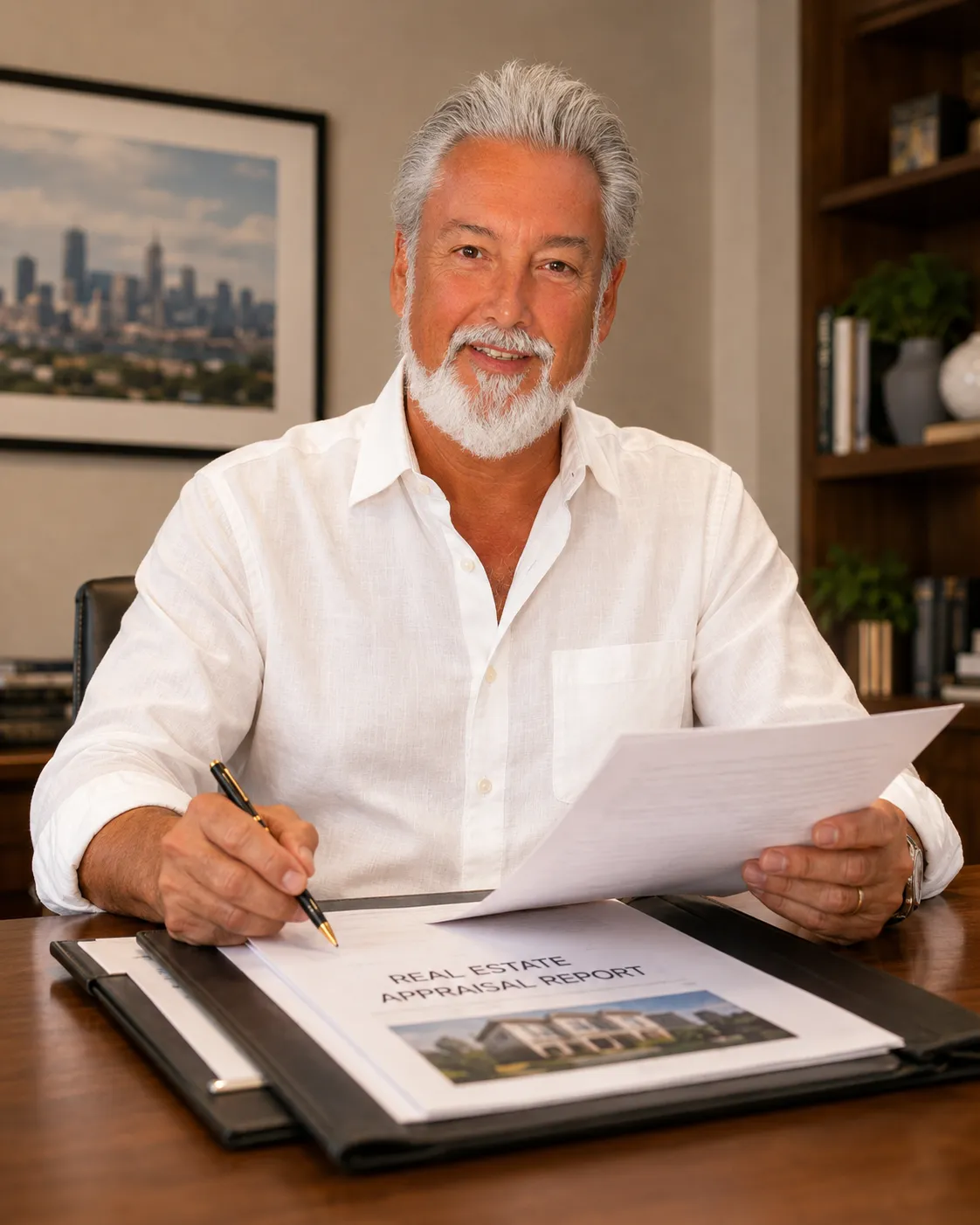 David R. Collins reviewing a real estate appraisal report in his office