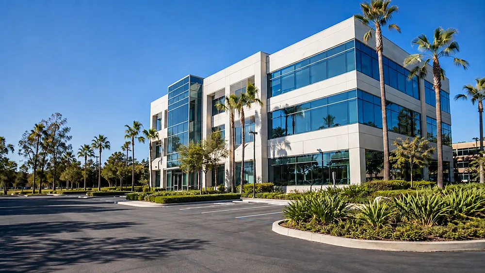 Modern Southern California office building with parking and landscaped grounds