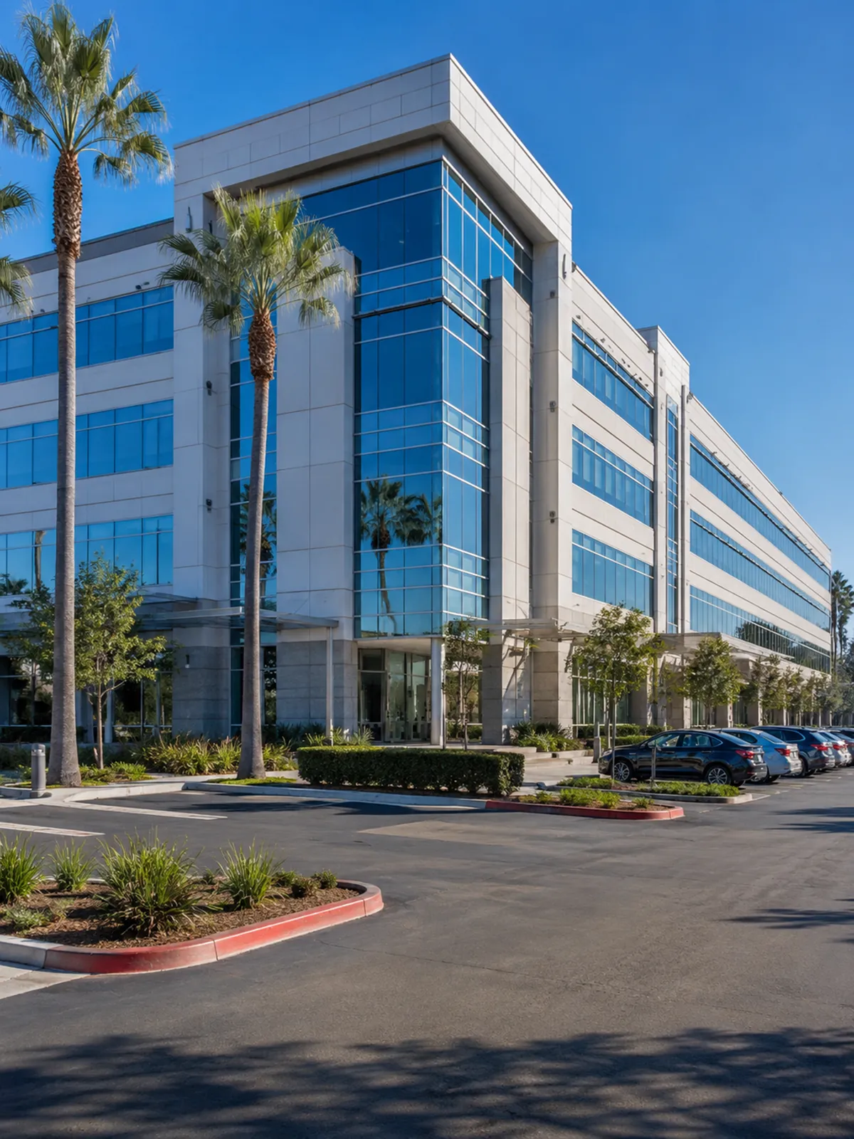 Modern office building in California with glass windows, parking, and landscaped grounds