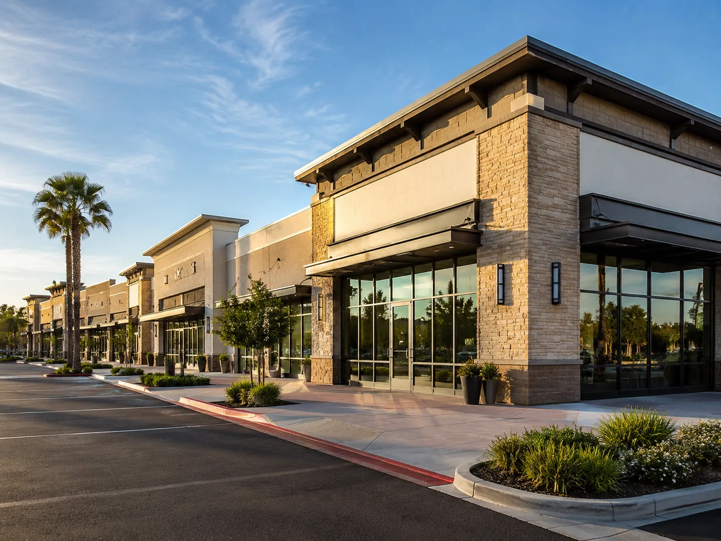 Modern retail center in California with storefronts and parking area