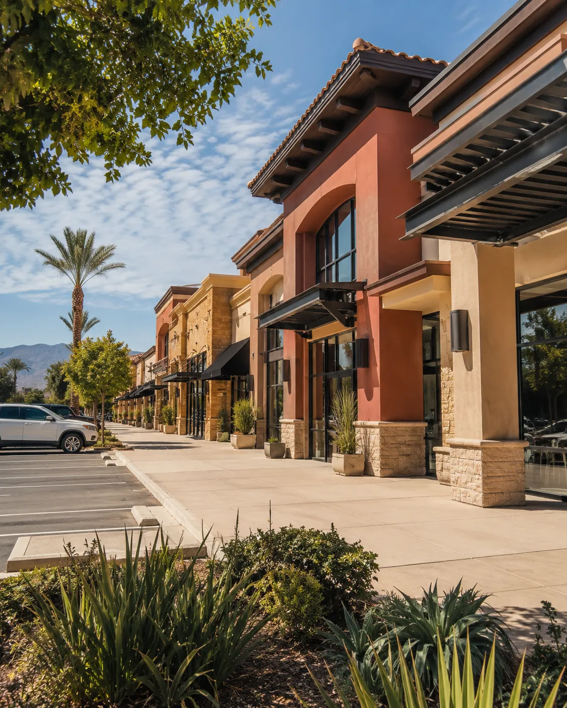 California shopping center with storefronts parking and landscaped walkways