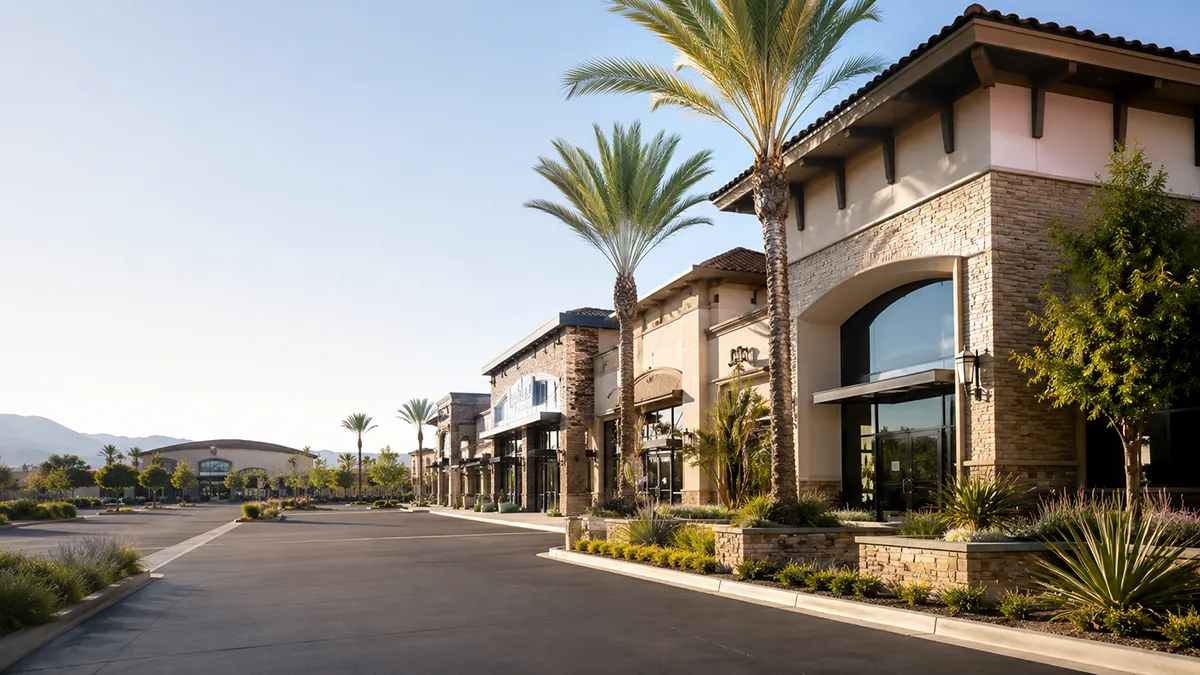 Modern shopping center in California with retail storefronts parking and landscaped walkways