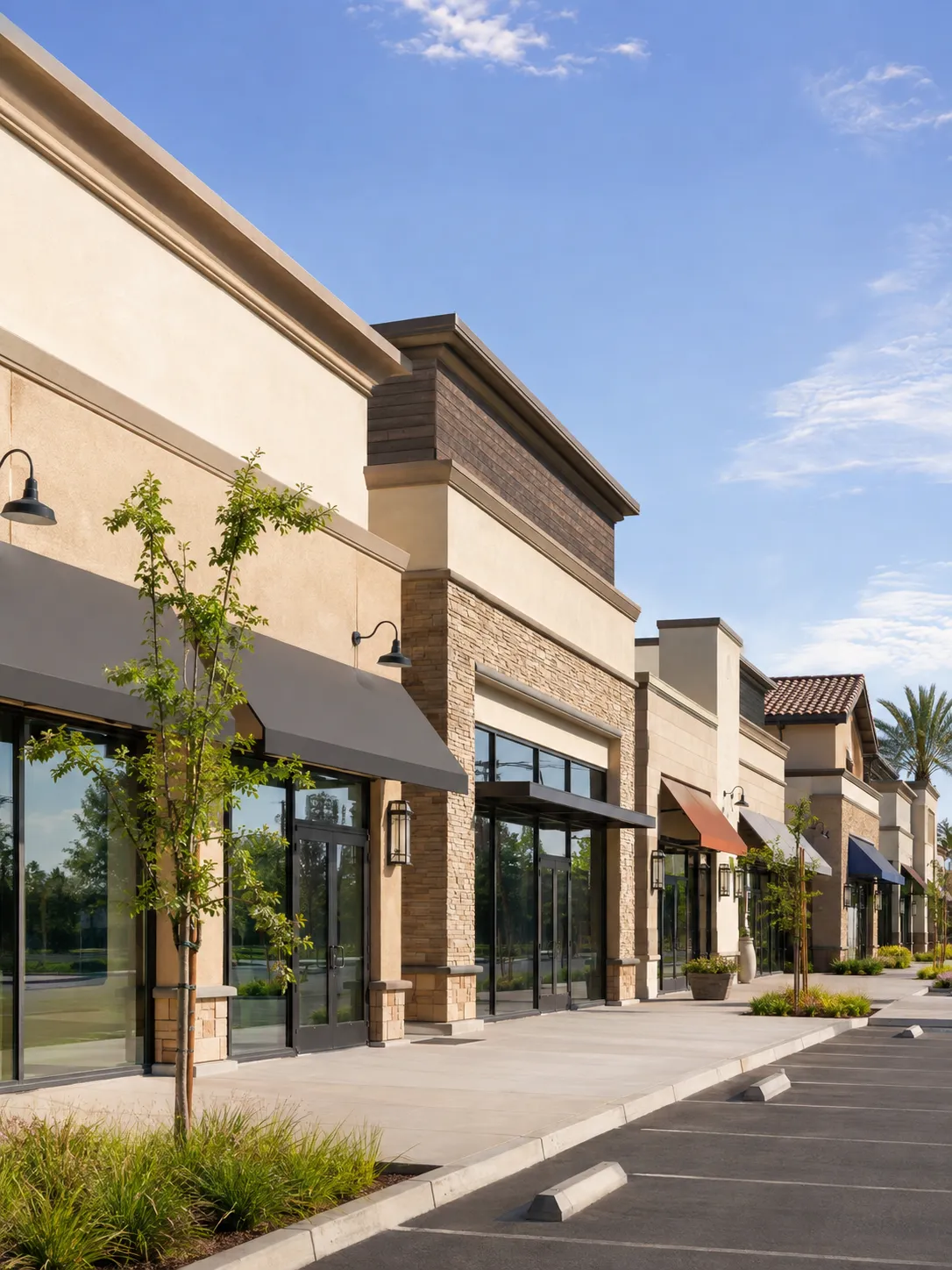 Modern strip mall in California with storefronts and parking spaces