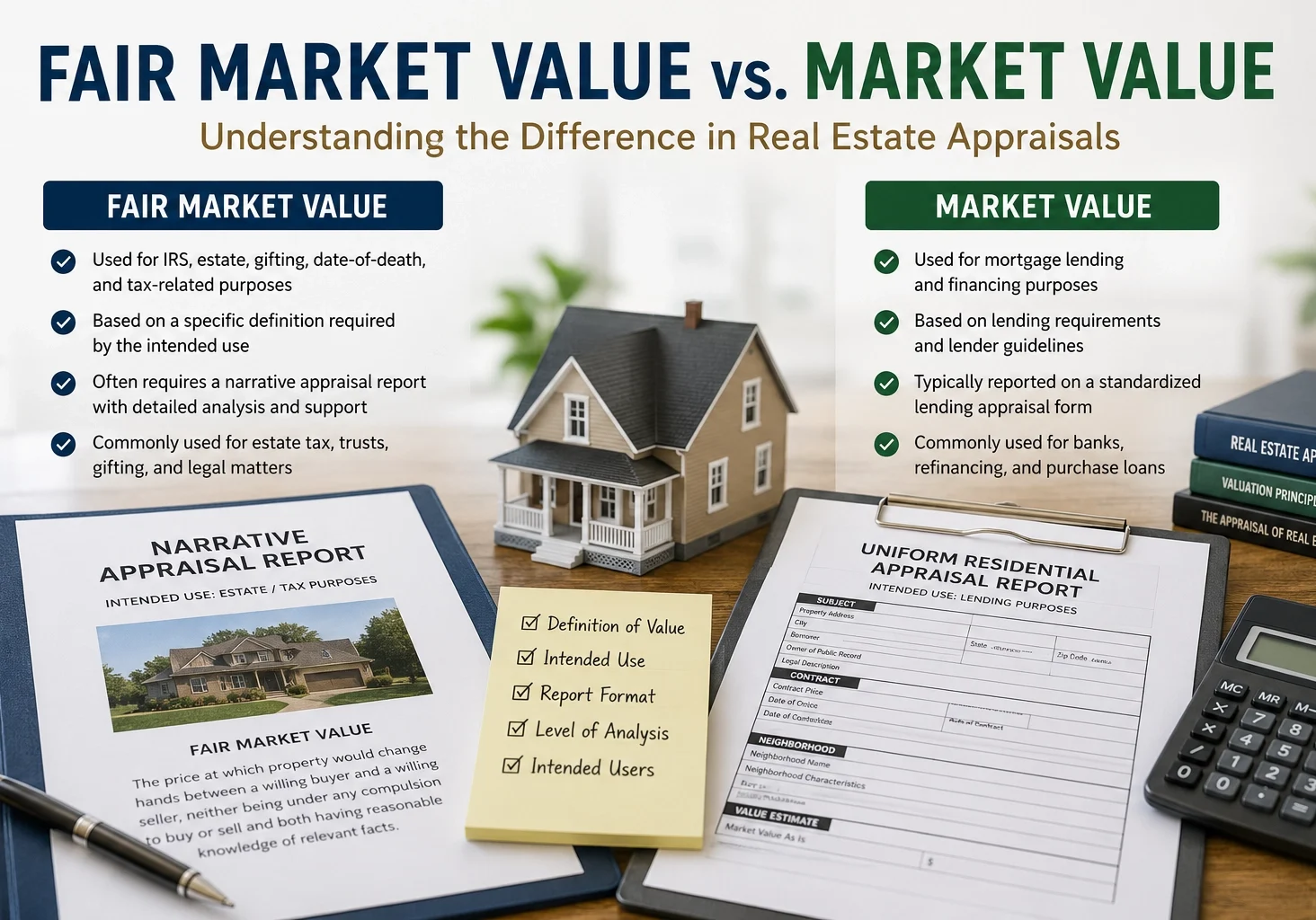 Fair Market Value vs Market Value comparison for real estate appraisal reports used in IRS, estate, gifting, and lending assignments.