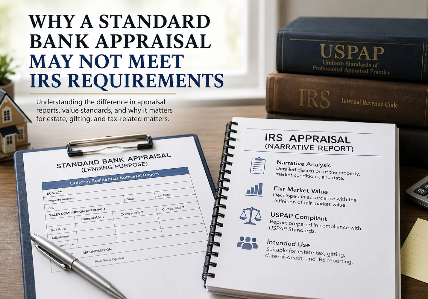 Comparison between a standard bank appraisal and an IRS narrative appraisal report used for estate and tax-related valuation purposes in California.